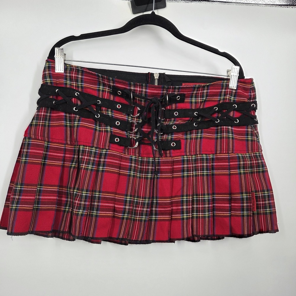 VTG Tripp NYC Red & Black Plaid Pleated Mini Skirt Sz XL Corset Tie Goth Punk